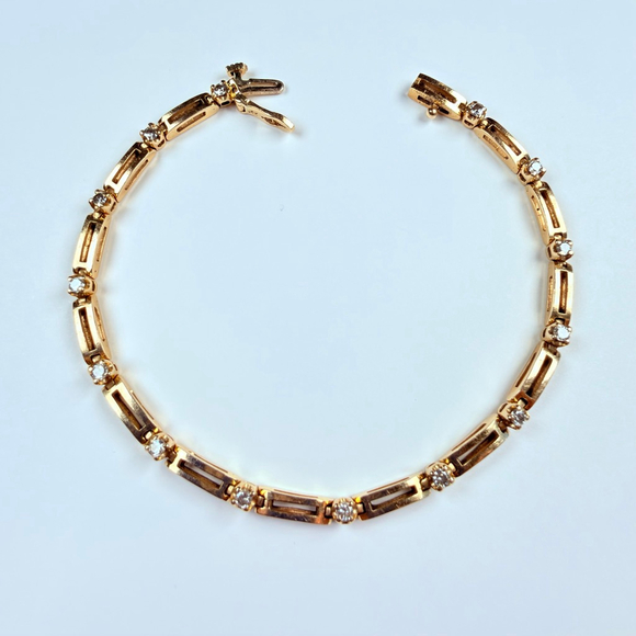 14K Solid Yellow Gold .70 CT Genuine Diamond Square Link VTG Tennis Bracelet - Picture 8 of 11